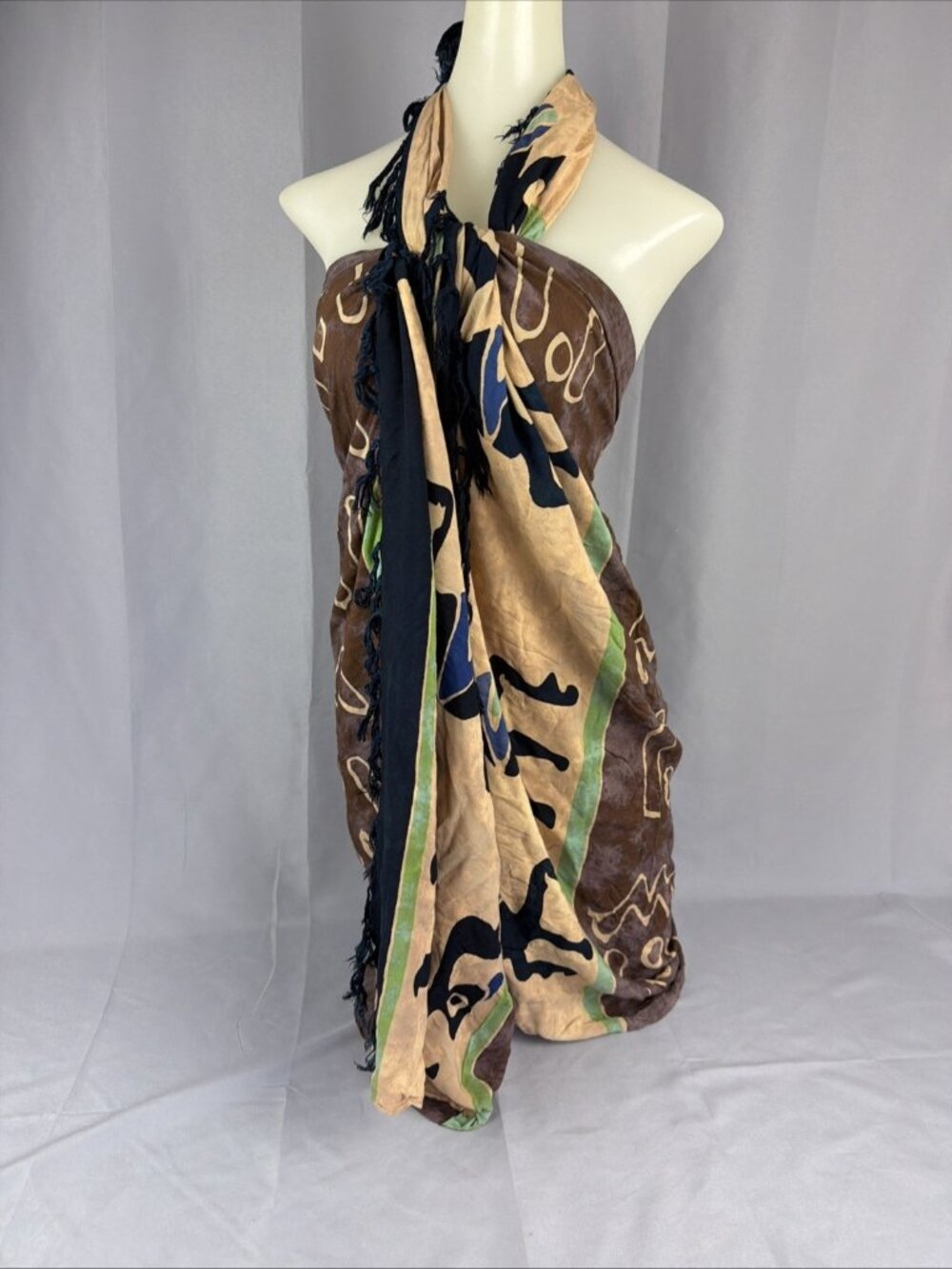 Vintage Dyed Batik Mud Cloth Scarf Rust Purple Abstract Figures Boho Tribal Wrap